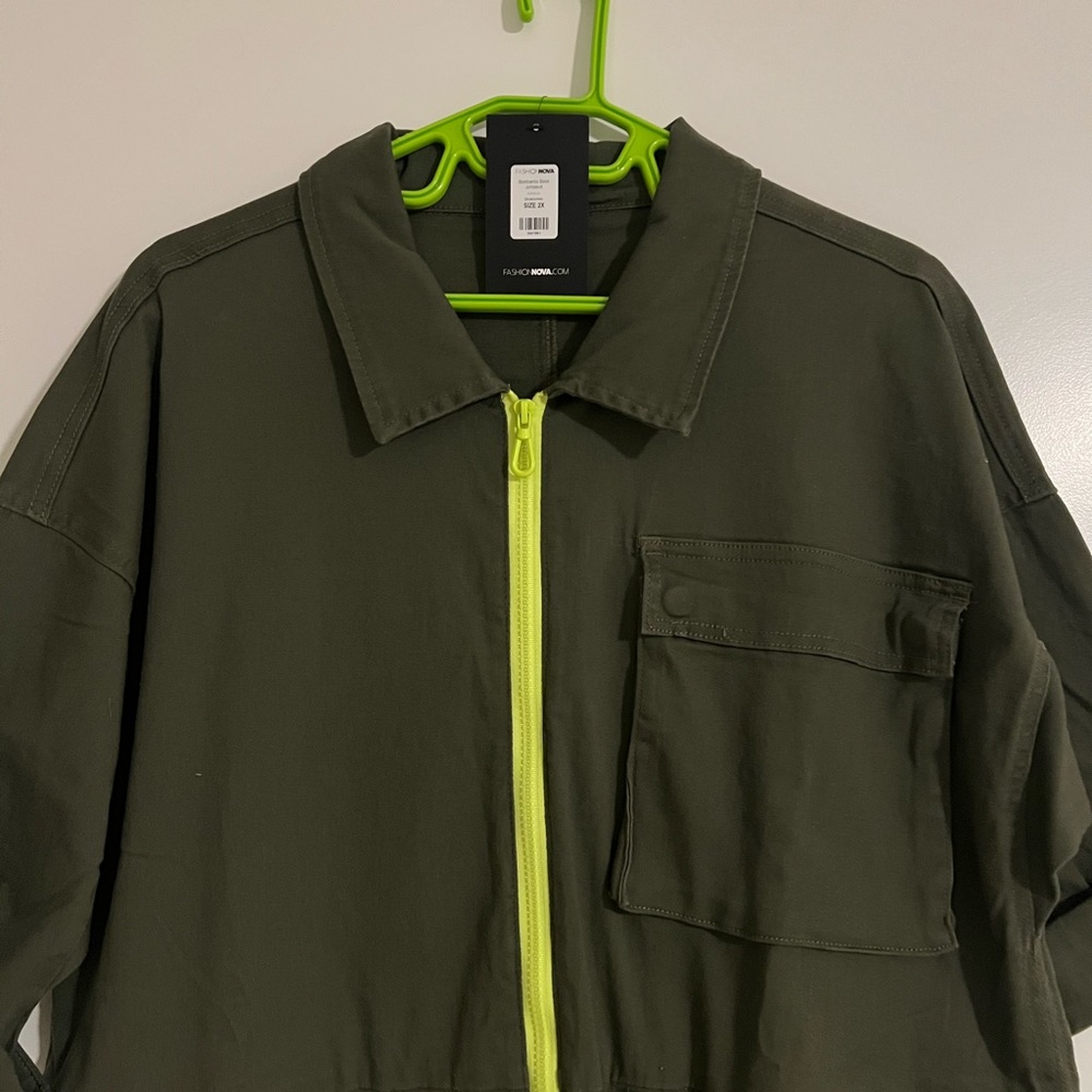 Fashion Nova Green Jumpsuit with Neon Zipper and Short Sleeves